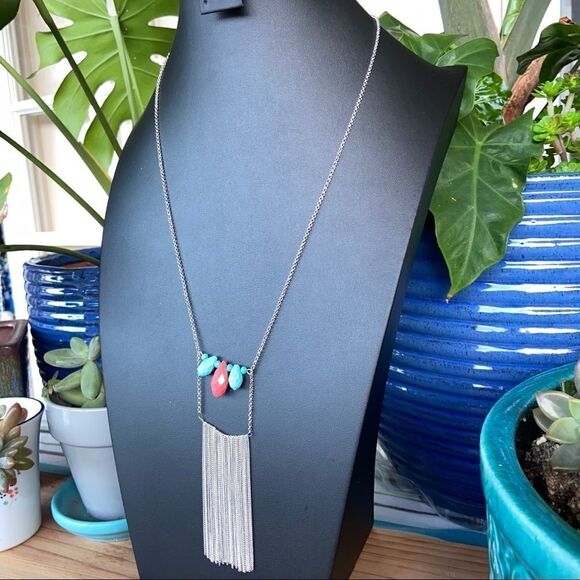 Chico’s Silver Coral & Turquoise Beading StatementNecklace - Picture 5 of 6